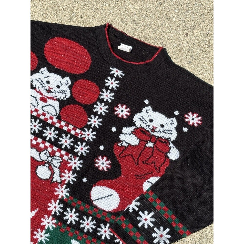 Vintage Cat Ugly Christmas Sweater Women's Sz Lg Black Holiday Time Pullover